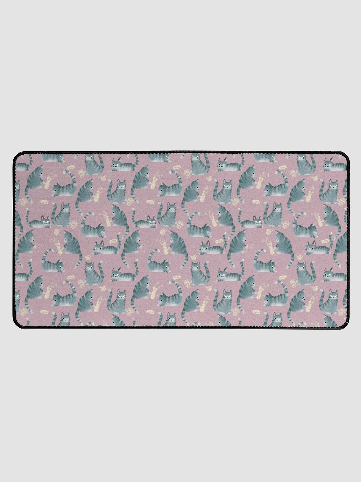 Bad Grey Tabby Cats Knocking Stuff Over Patterned Desk Mat, Pink product image (1)