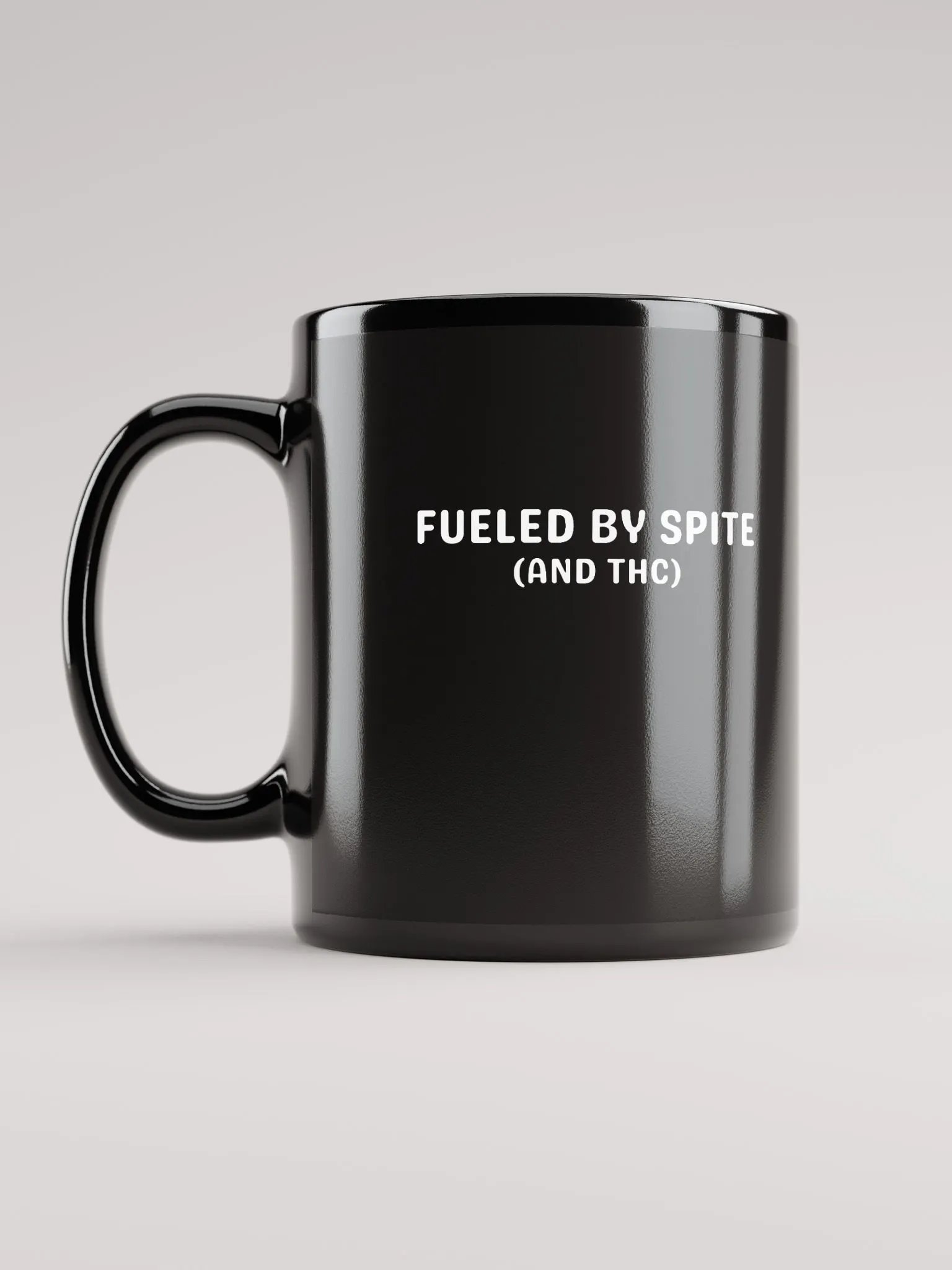 FUELED BY SPITE (white design) glossy black mug product image (12)