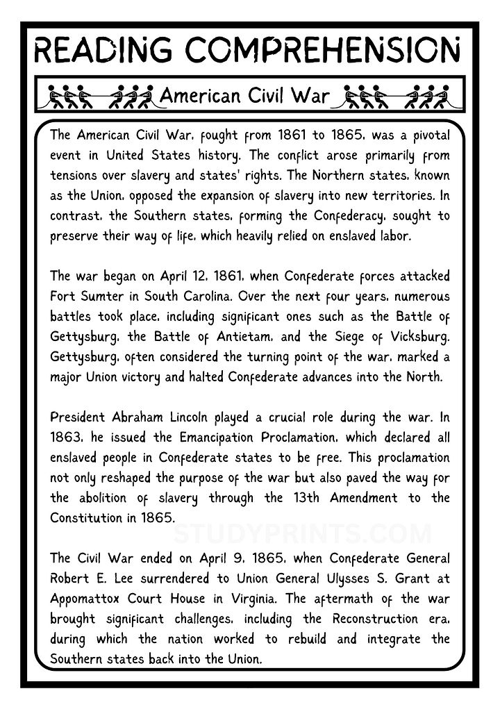American Civil War Reading Comprehension Worksheet with 6 Questions PDF product image (2)