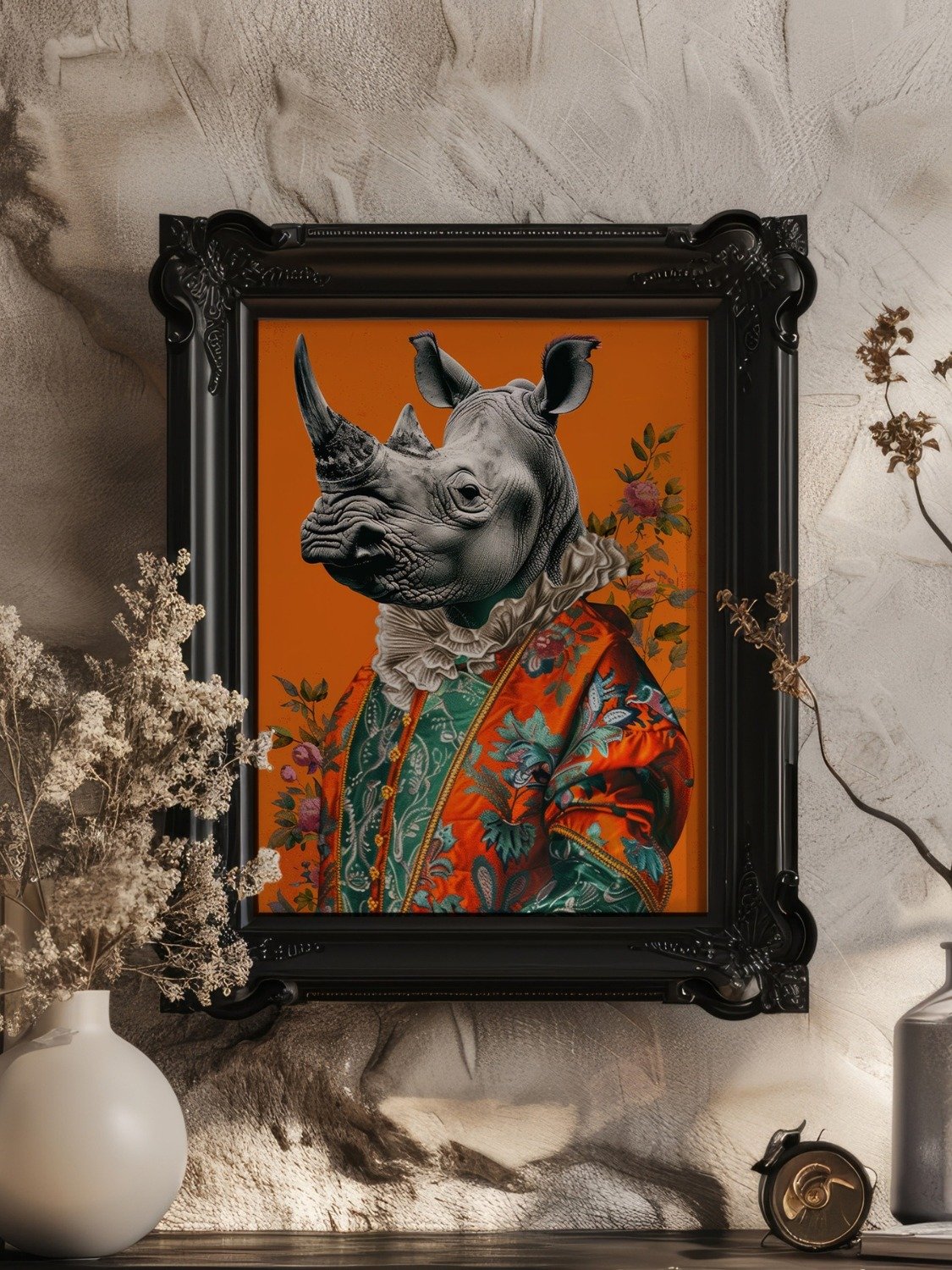 Rococo Rhino Portrait Burnt Orange Animal Fashion Art Print product image (4)