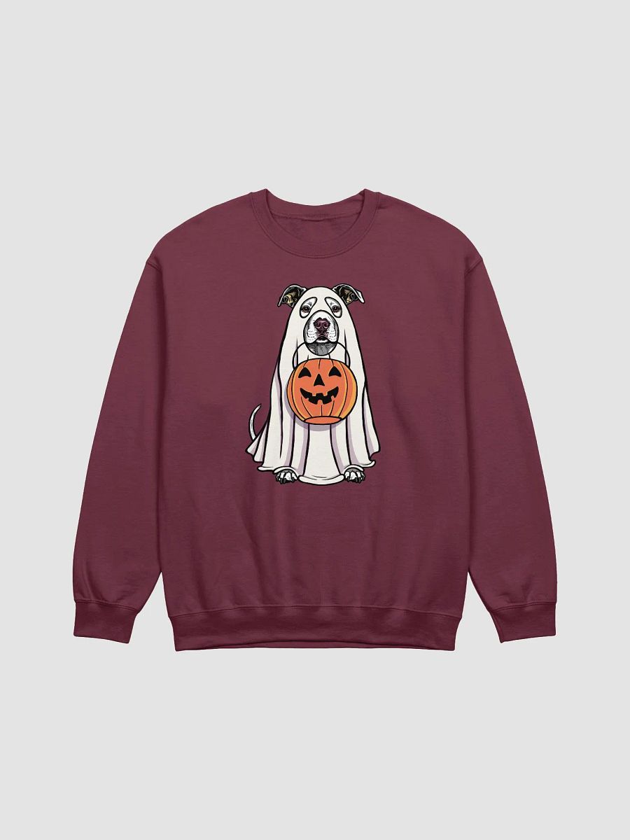 Funny Halloween Pitbull Terrier Sweatshirt | Funny Pittie Wearing a Ghost Costume and Holding a Pumpkin Basket product image (12)
