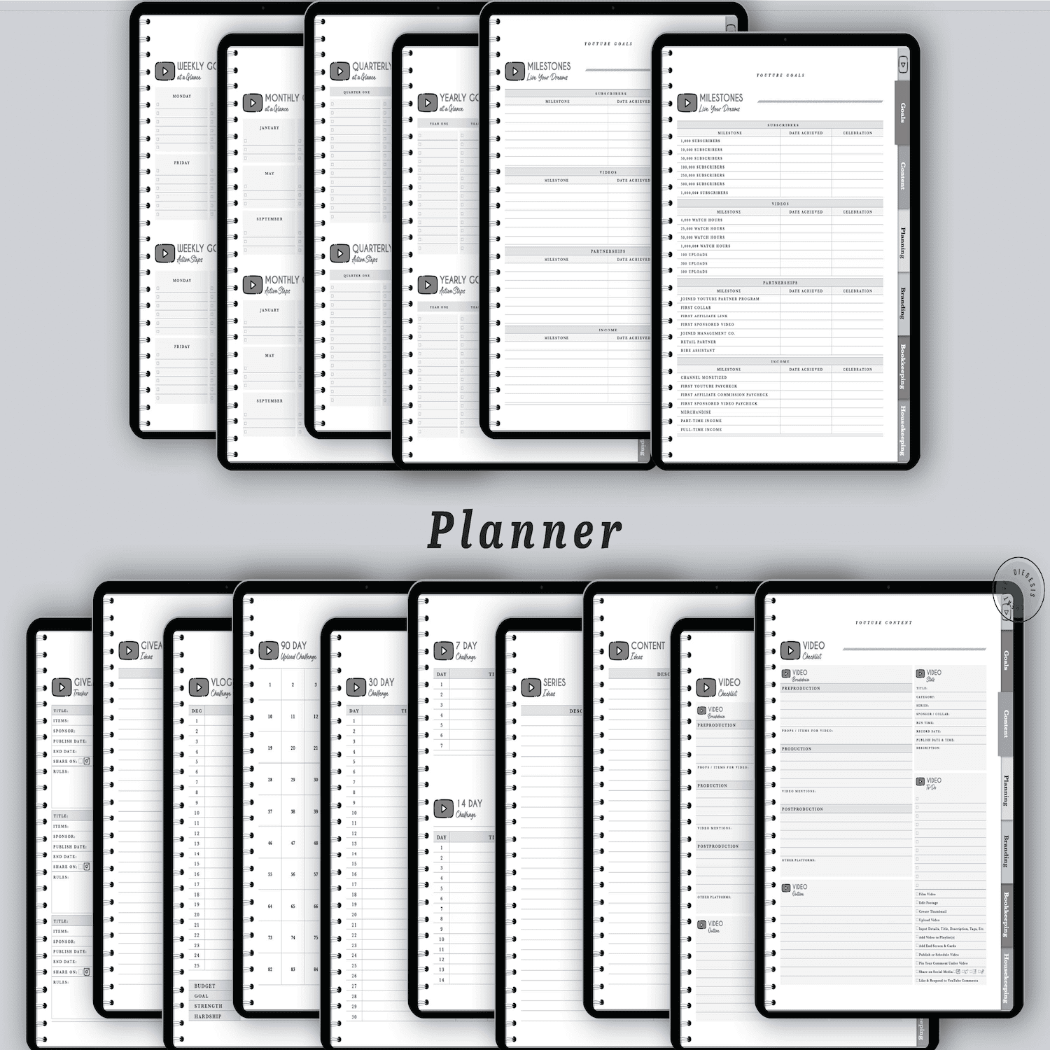 YouTube Digital Planner and Workbook Kit - Grayscale product image (2)