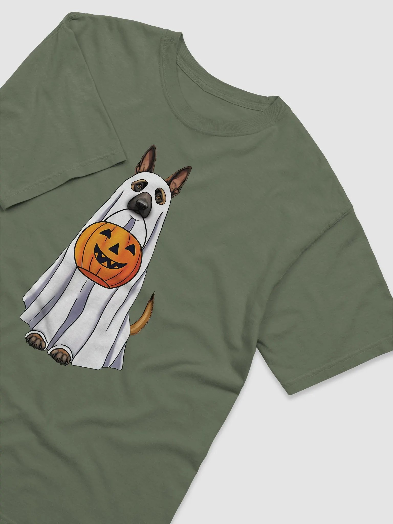 Belgian Malinois Halloween Tee | Funny Fall and Halloween Malinois Wearing a Ghost Costume with Pumpkin Basket product image (3)