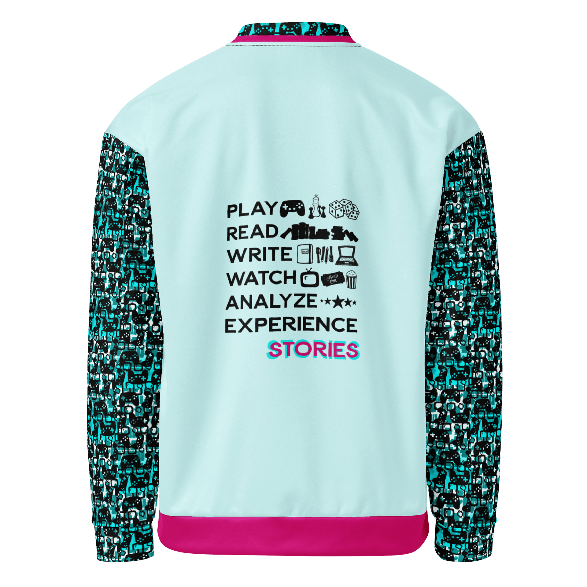 Experience Stories Unisex Bomber Jacket (Teal, Pink, and Black) product image (1)