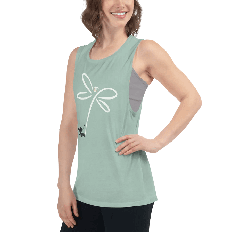 Womens flowy muscle tank top with stylish dragonfly design. Minimilist style product image (6)