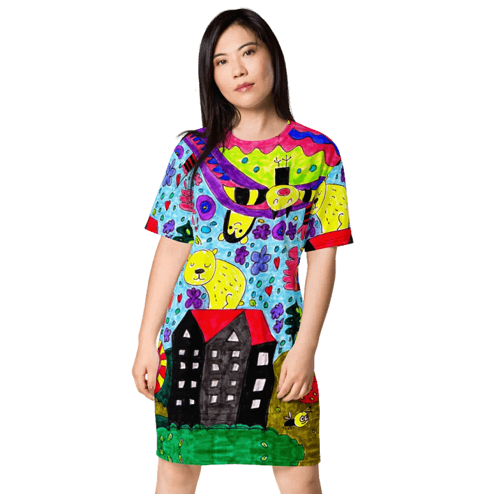 Abstract Vibrant Doodle Characters Ladies T Shirt Dress product image (2)