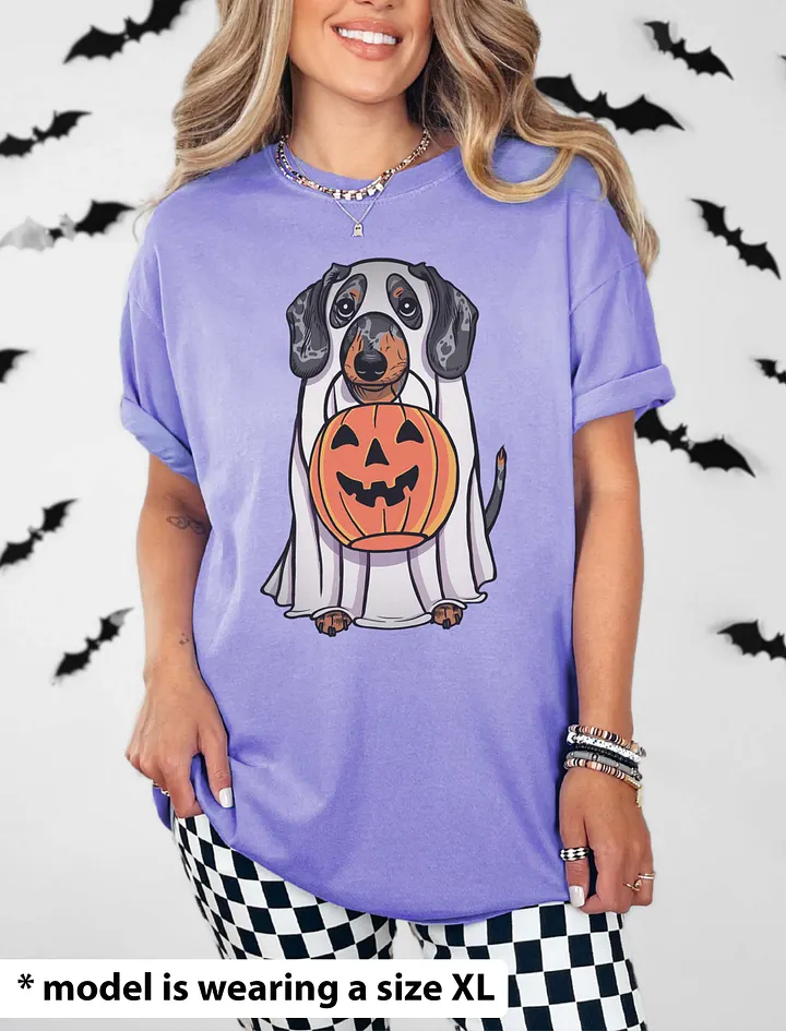 Funny Halloween Dachshund(Dapple) T-Shirt | Funny Doxie/Wiener Wearing a Ghost Costume and Holding a Pumpkin Basket product image (24)