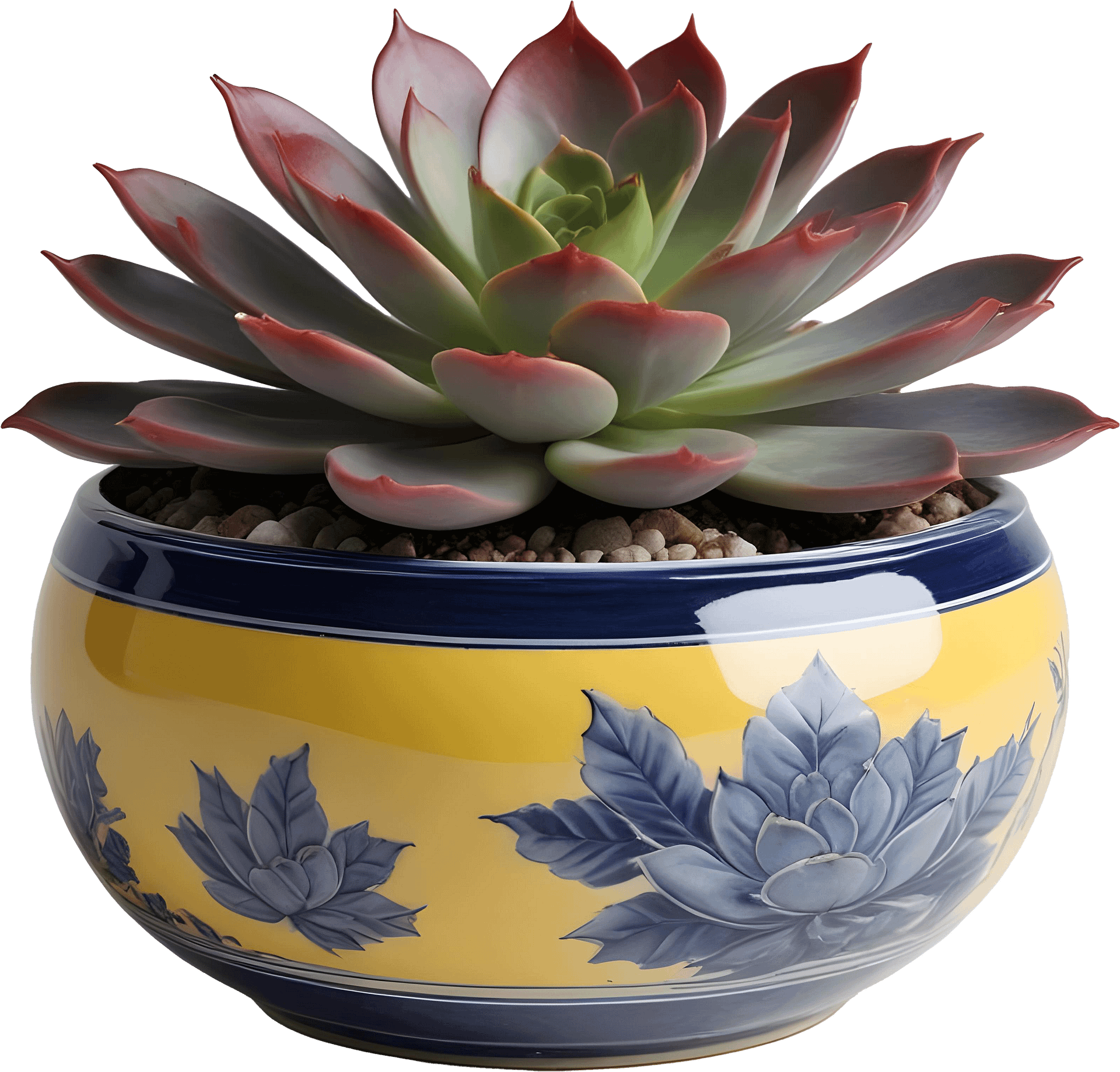 Chinese Porcelain Pot with Succulent – Yellow and Blue Floral Design PNG product image (1)