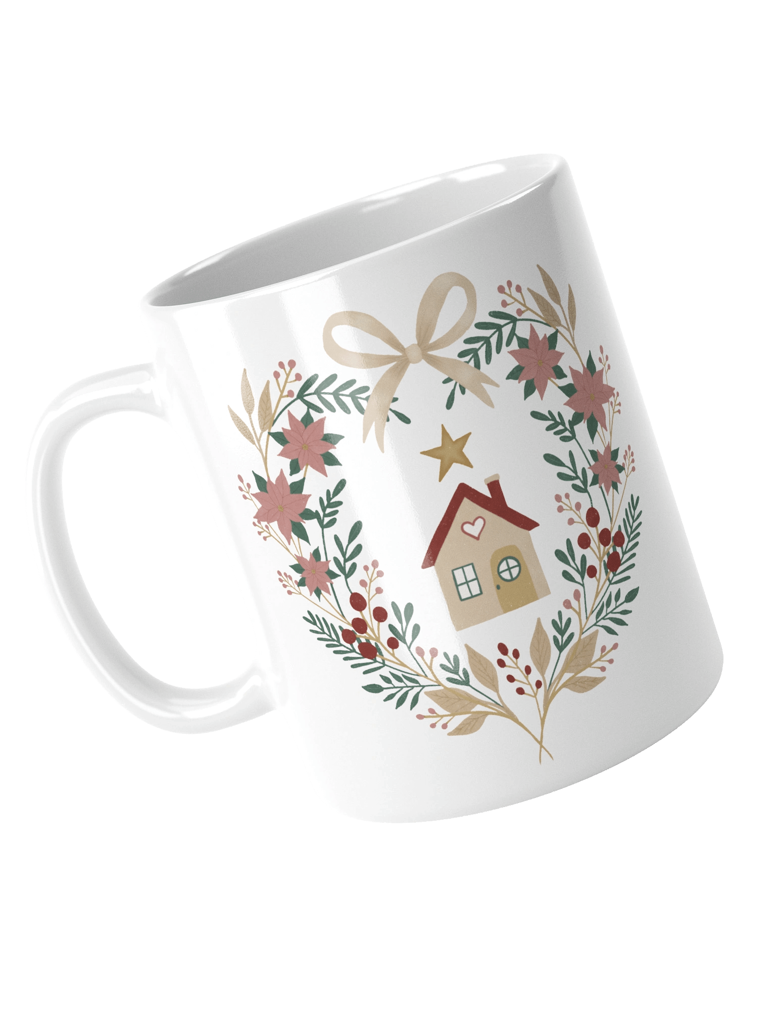 White glossy mug winter heart home. Cozy Christmas mug with handmade winter illustration product image (4)