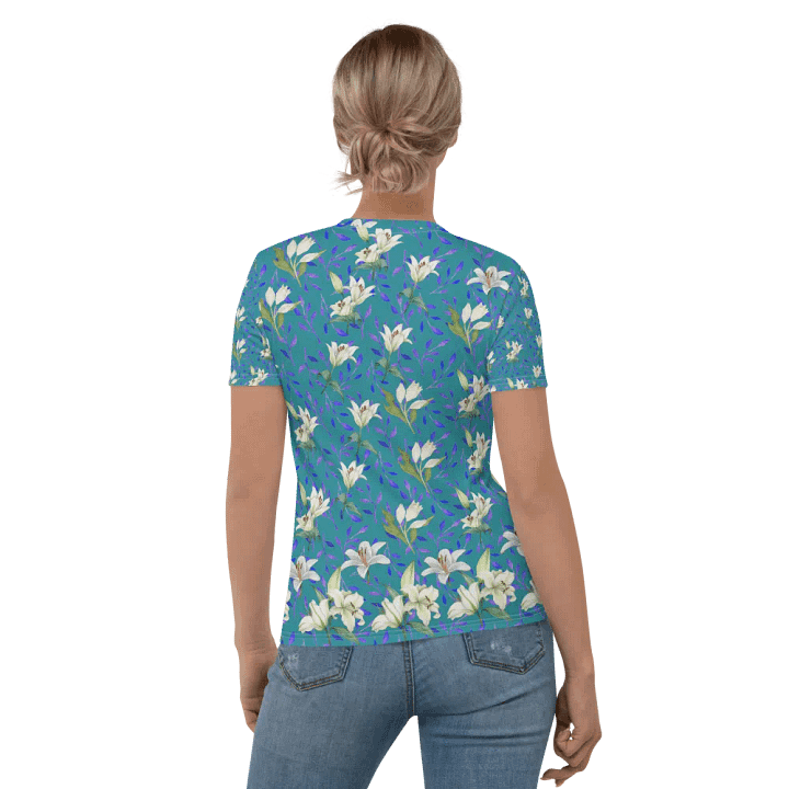 Ladies T shirt all over print blue and white flowery design giving a fresh holiday  fee product image (1)