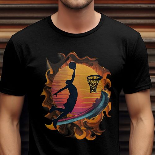 This dynamic design captures the powerful moment of a basketball player mid-air, shooting the basketball toward the hoop with...