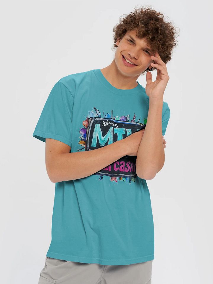 "Raised by MTV and Sarcasm T-Shirt – Funny Graphic Tee, Retro Pop Culture Humor!" product image (1)