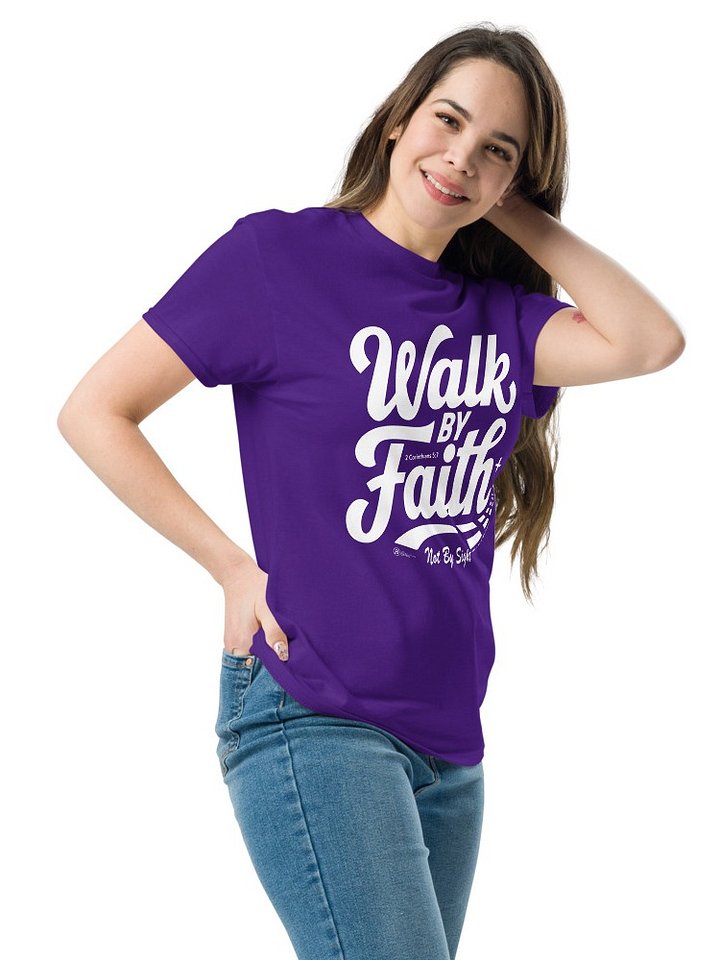 Walk By Faith, Heavyweight Unisex Crewneck T-shirt | Gildan® 5000, 2 Corinthians 5:7, KJV, Bible Verse, Scripture Shirt, White print on Dark Shirts product image (9)