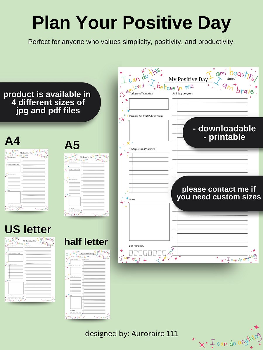 My Positive Day - Printable Daily Planner | Digital Planner Page Download | Multiple Sizes Included product image (4)