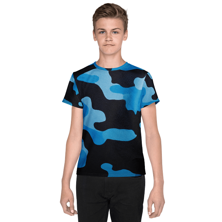 Youth Crew Neck T-Shirt black and light blue camo product image (1)