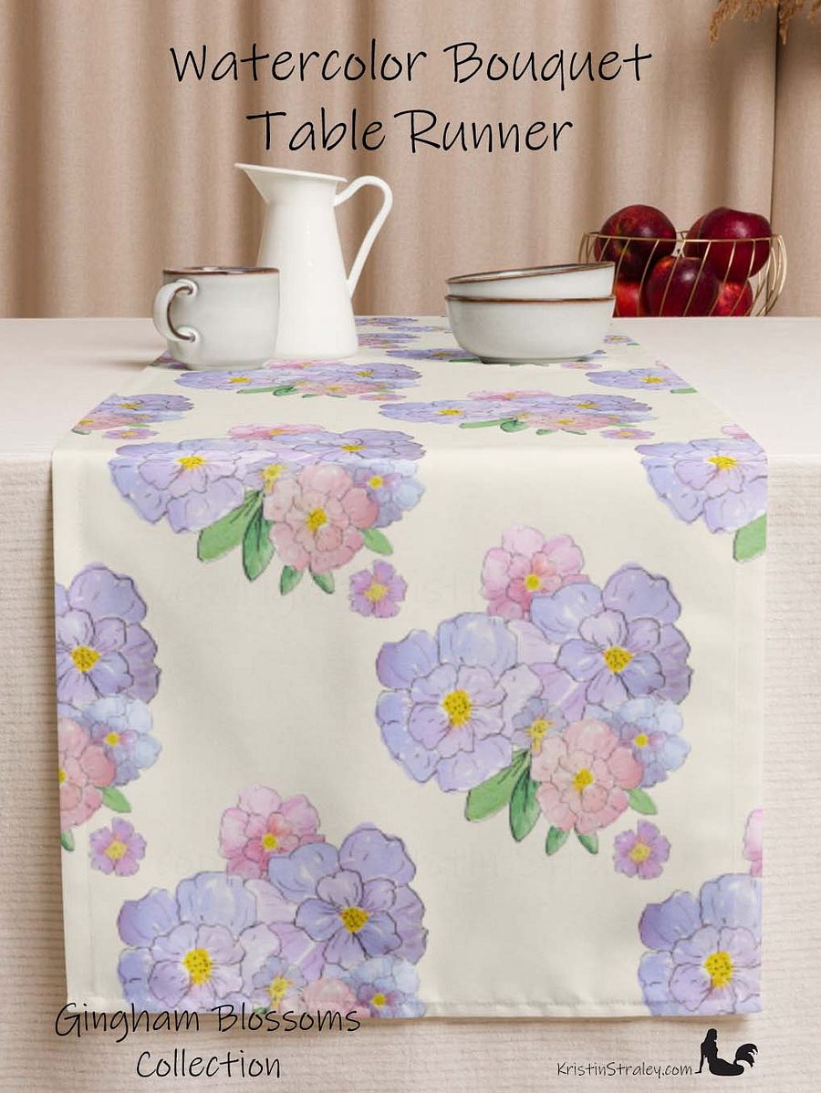 Gingham Blossoms Lavender Bouquet on Ivory Table Runner product image (1)