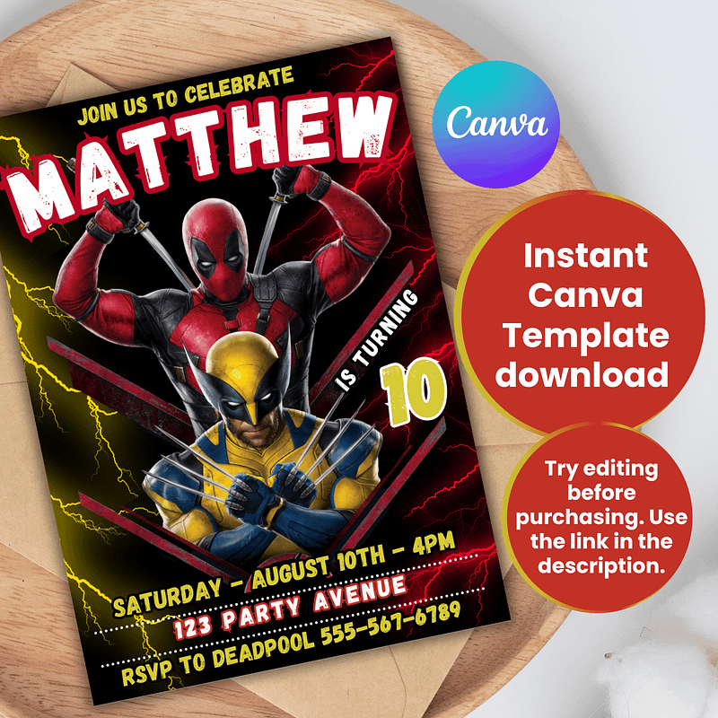 Deadpool 3 Invitation Canva Template | Fully Customizable Party Invite | Epic Marvel Design | Easy to Edit | Superhero Celebration
