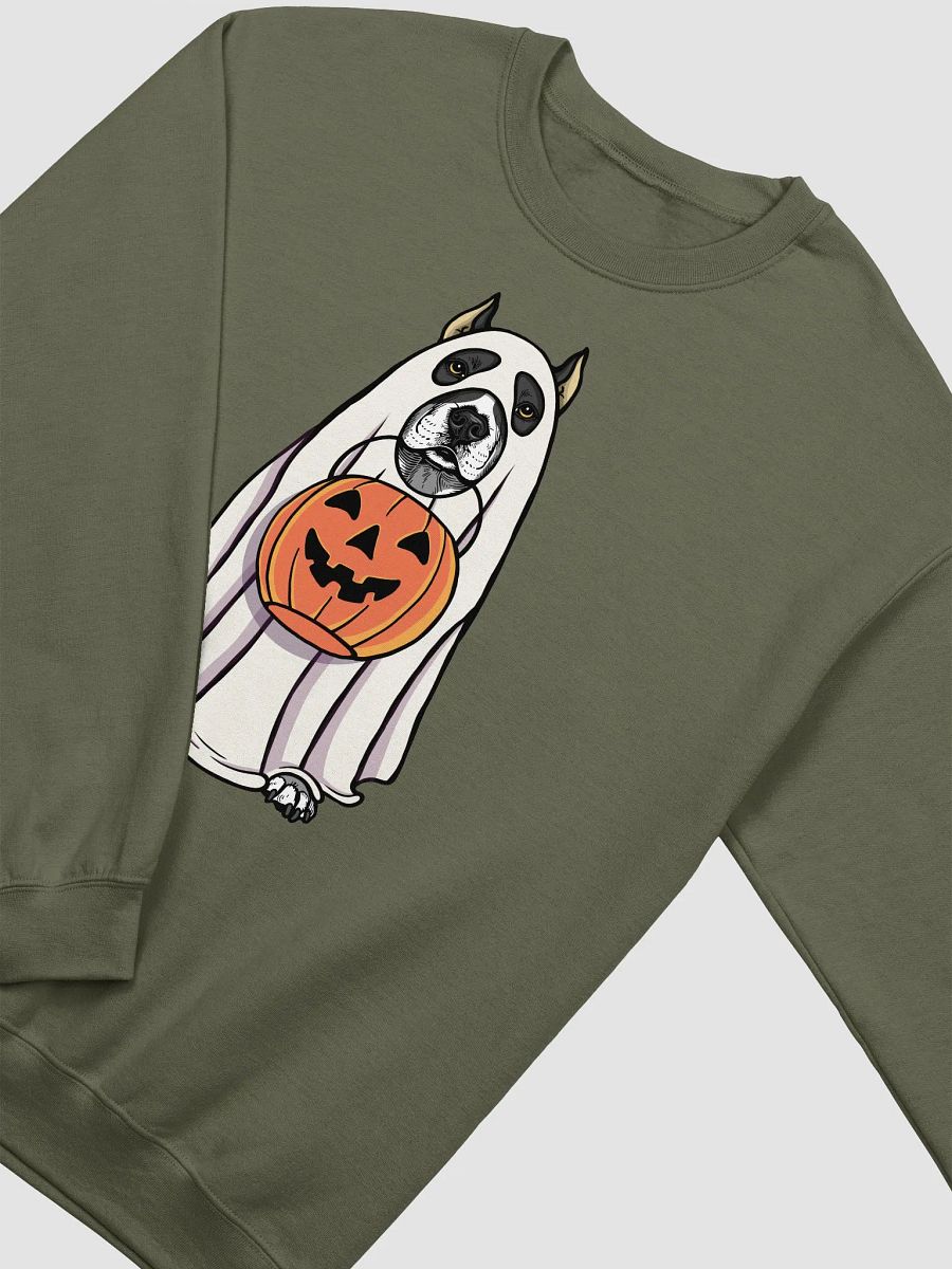 Funny Halloween Pitbull Terrier(Cropped Ears, Black) Sweatshirt | Funny Pittie Wearing a Ghost Costume and Holding a Pumpkin Basket product image (14)