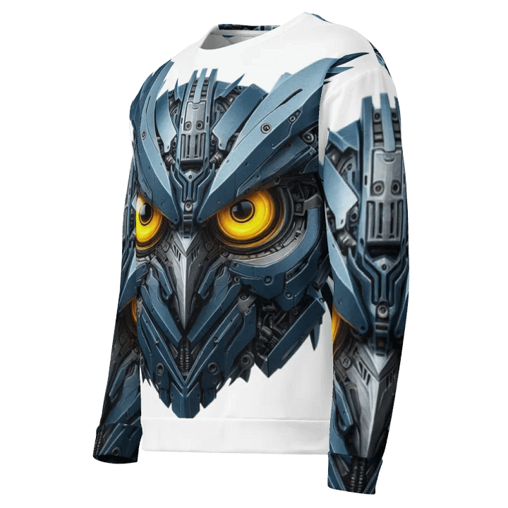 make an interesting title, White long sleeve men's t-shirt with metal owl robot design! Cool and modern product image (1)
