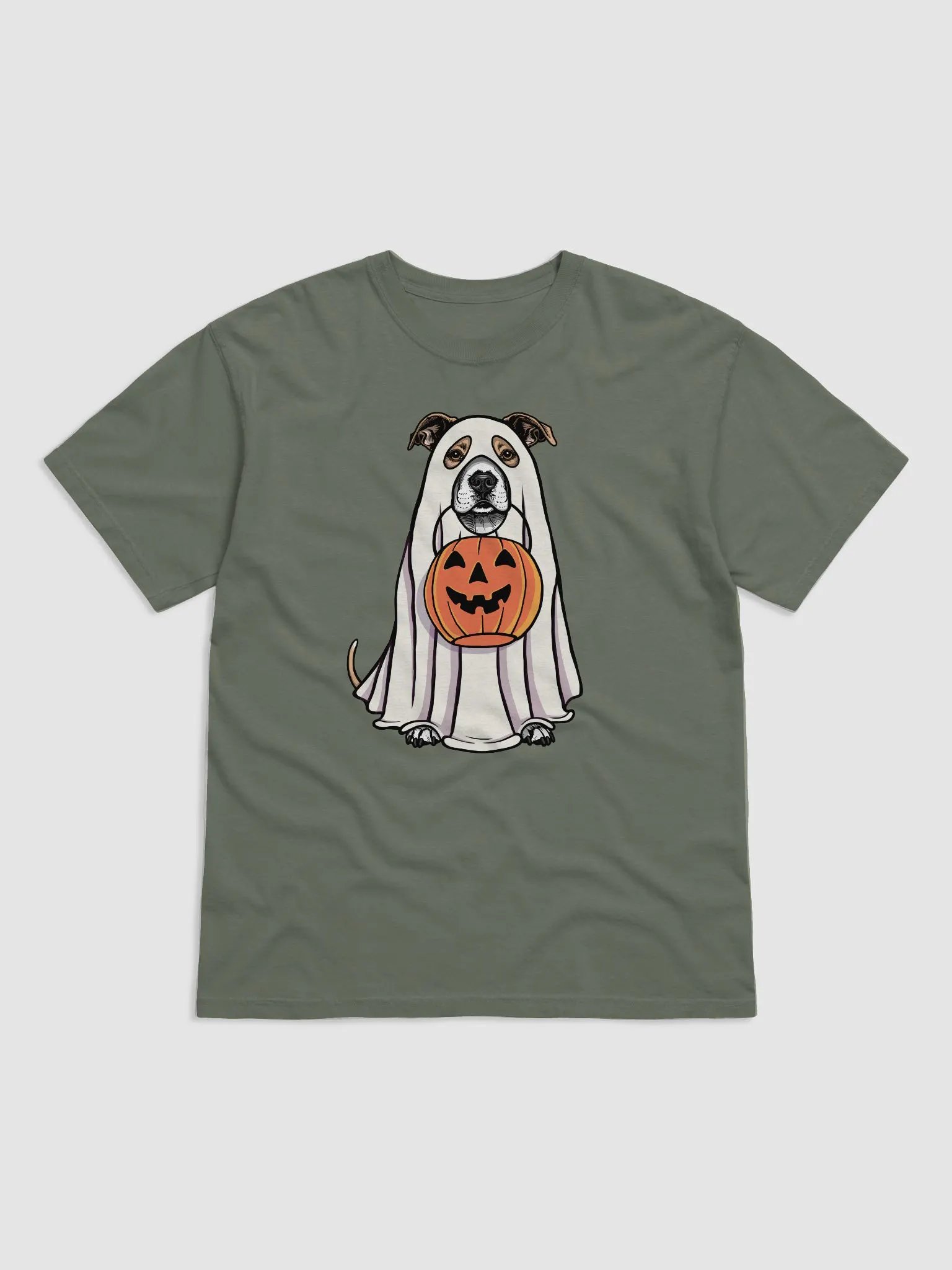Funny Halloween Staffordshire Terrier(Fawn) T-Shirt | Funny Staffy Wearing a Ghost Costume and Holding a Pumpkin Basket product image (12)