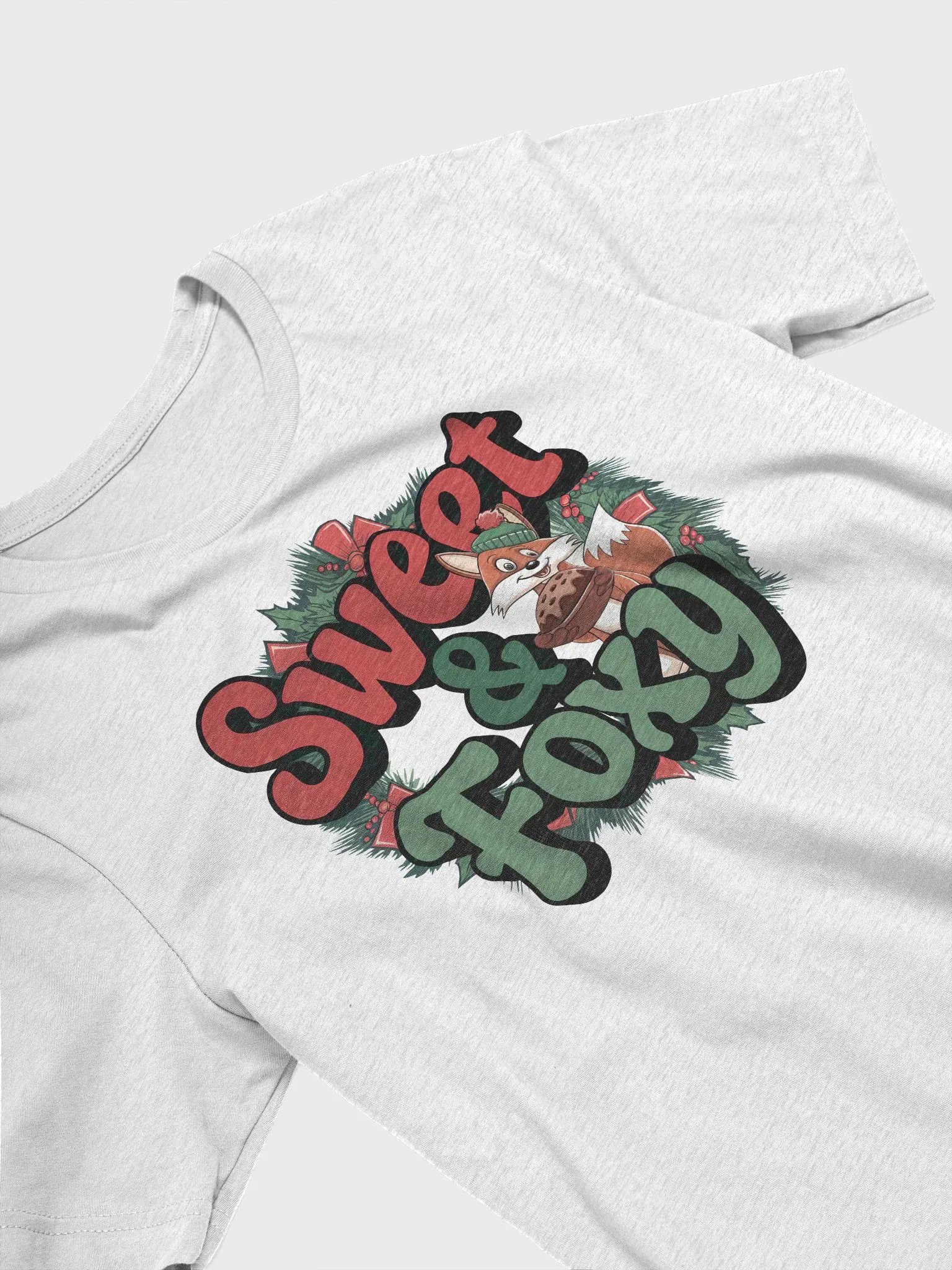 “Sweet & Foxy” t-shirt, Holiday Spirit T-shirt, Playful Sweet & Foxy shirt, Festive fox apparel, Humorous holiday clothing, Christmas-themed apparel, Fox and gingerbread motif, Unique holiday gift product image (3)