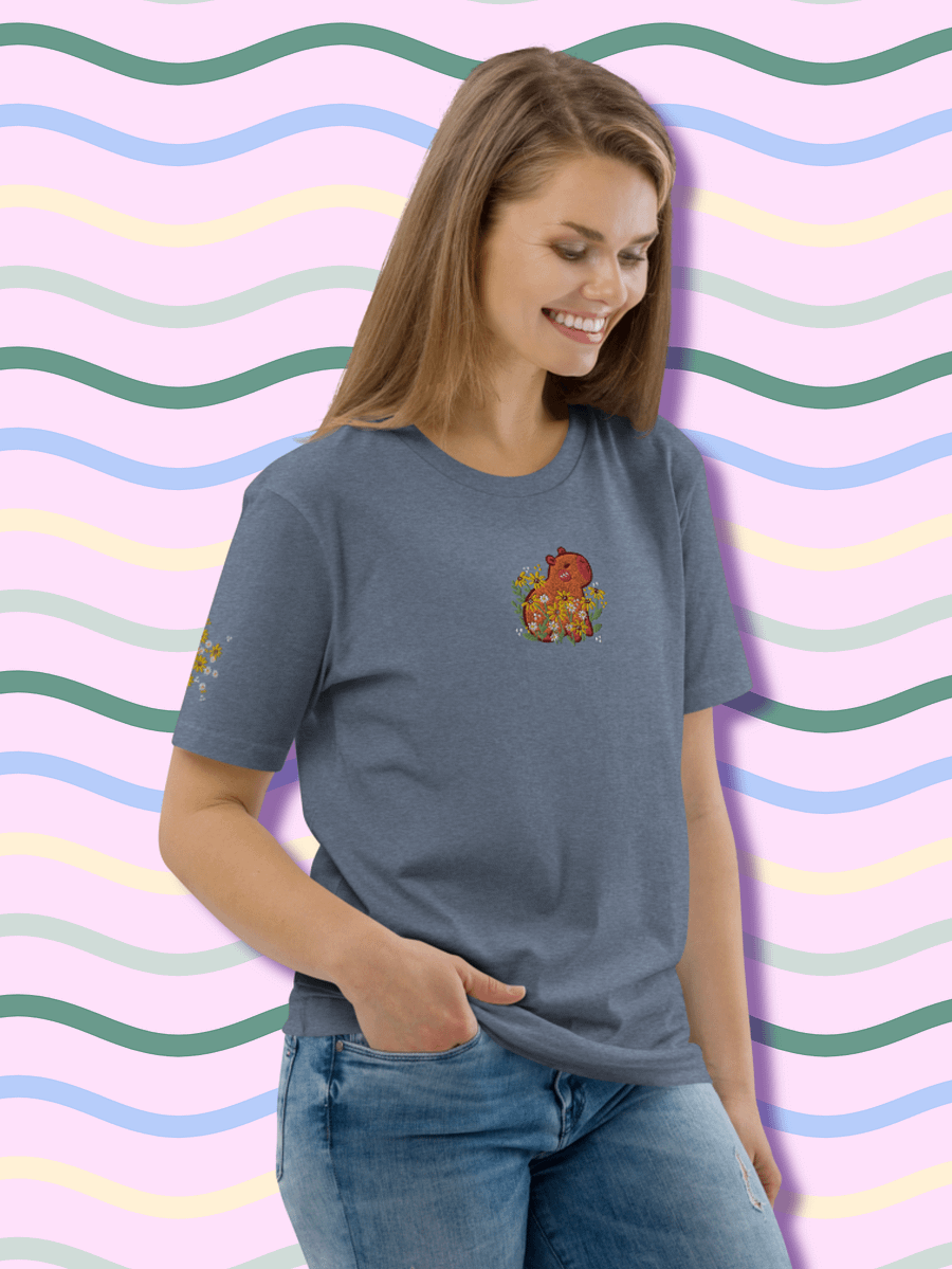 Whimsical Capybara and Daisy Flower Embroidered T-Shirt product image (2)