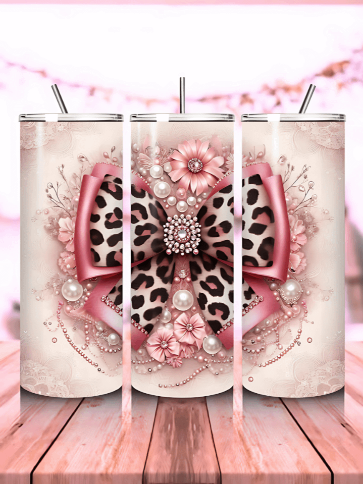 Pink Coquette Leopard Bow Tumbler Wrap PNG – 20oz Skinny Sublimation Design for Girls – Soft Aesthetic Style – 300 DPI Instant Digital Download product image (1)