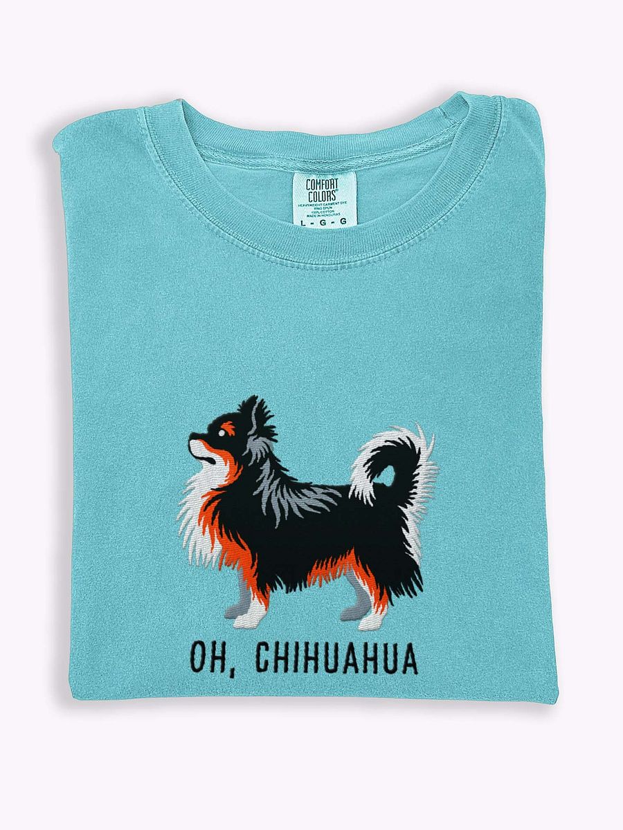 Oh, Chihuahua T-Shirt(Embroidered) of a Longhaired Chihuahua(Tricolor) product image (1)