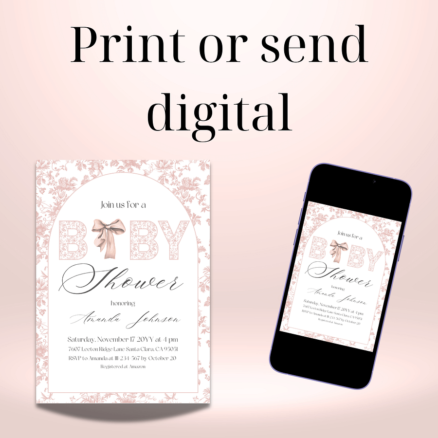 Pink Toile de Jouy and Bow Baby Shower Invitation, Chinoiserie Floral Themed Girl Baby Shower Invite for Digital Download product image (9)