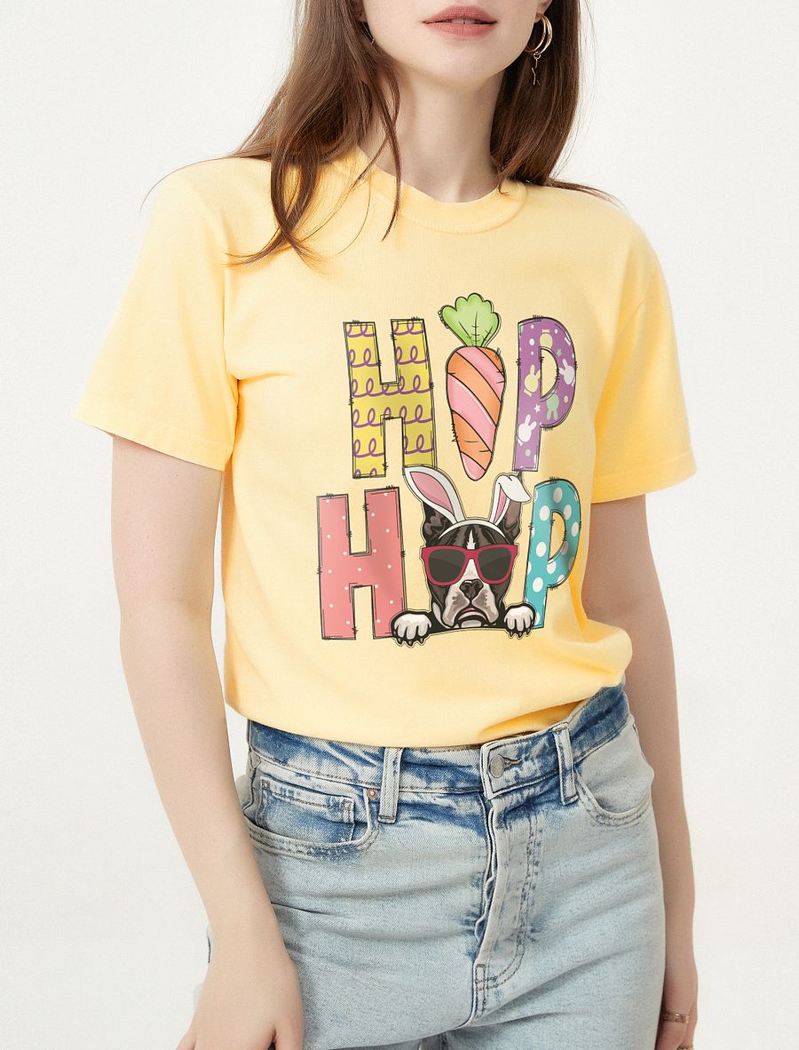 Hip Hop Easter Boston Terrier T-Shirt | Cute Easter Day Boston Wearing Bunny Ears and Sunglasses T-Shirt product image (1)