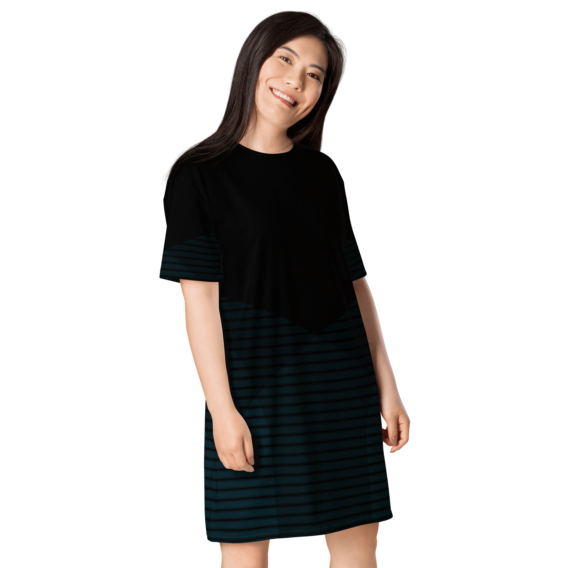 "Oversized Black T-Shirt Dress with Teal Striped Skirt - Sizes 2XS-6XL product image (4)