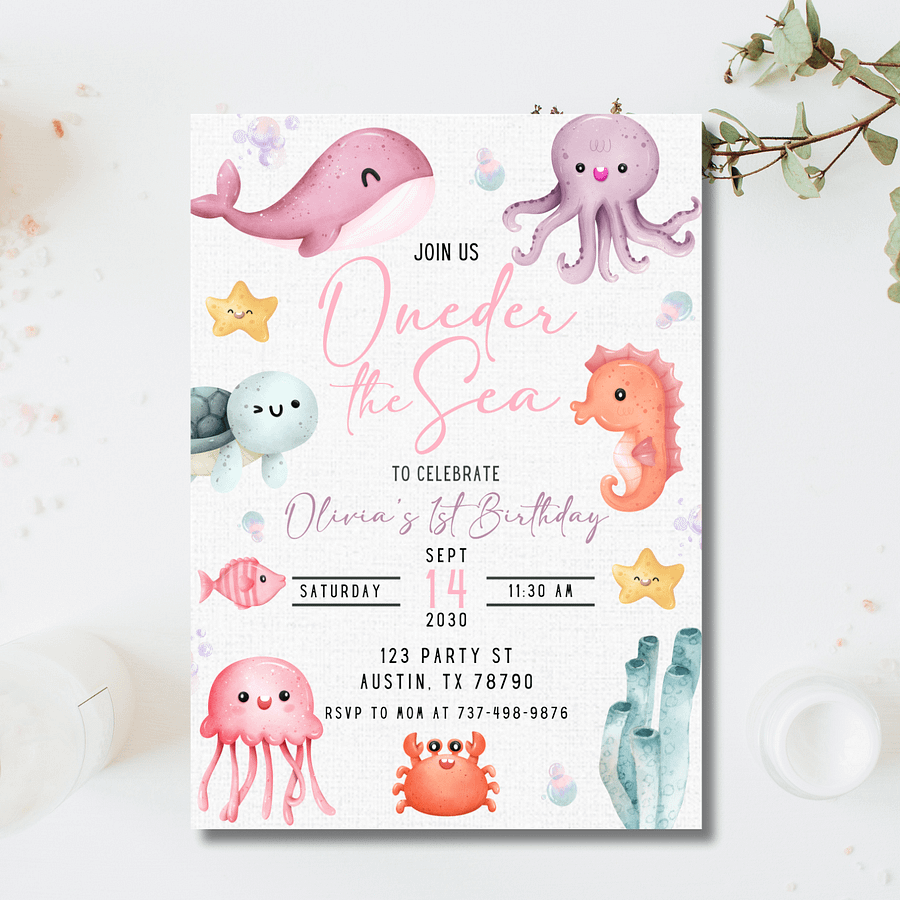 Oneder the Sea Birthday Invitation | Girl 1st Birthday Party Under the Sea | Editable Canva Template | Ocean Mermaid Sea Animals Theme product image (4)