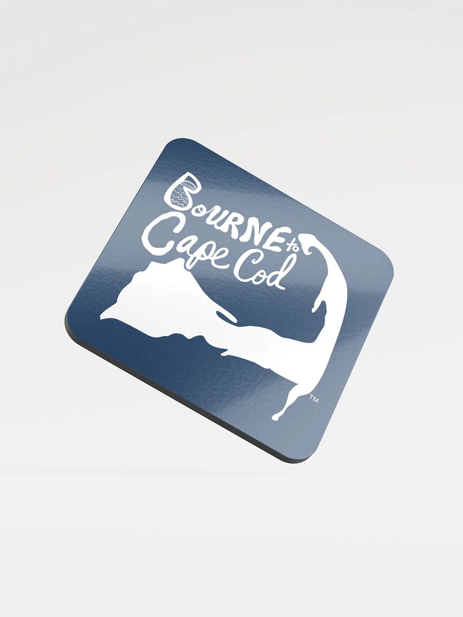 BOURNE to Cape Cod™ | Coastal Coaster | Glossed Cork | Eco-Friendly | Minimalist Coastal Decor | 3.74" Square | White Logo on Navy product image (1)
