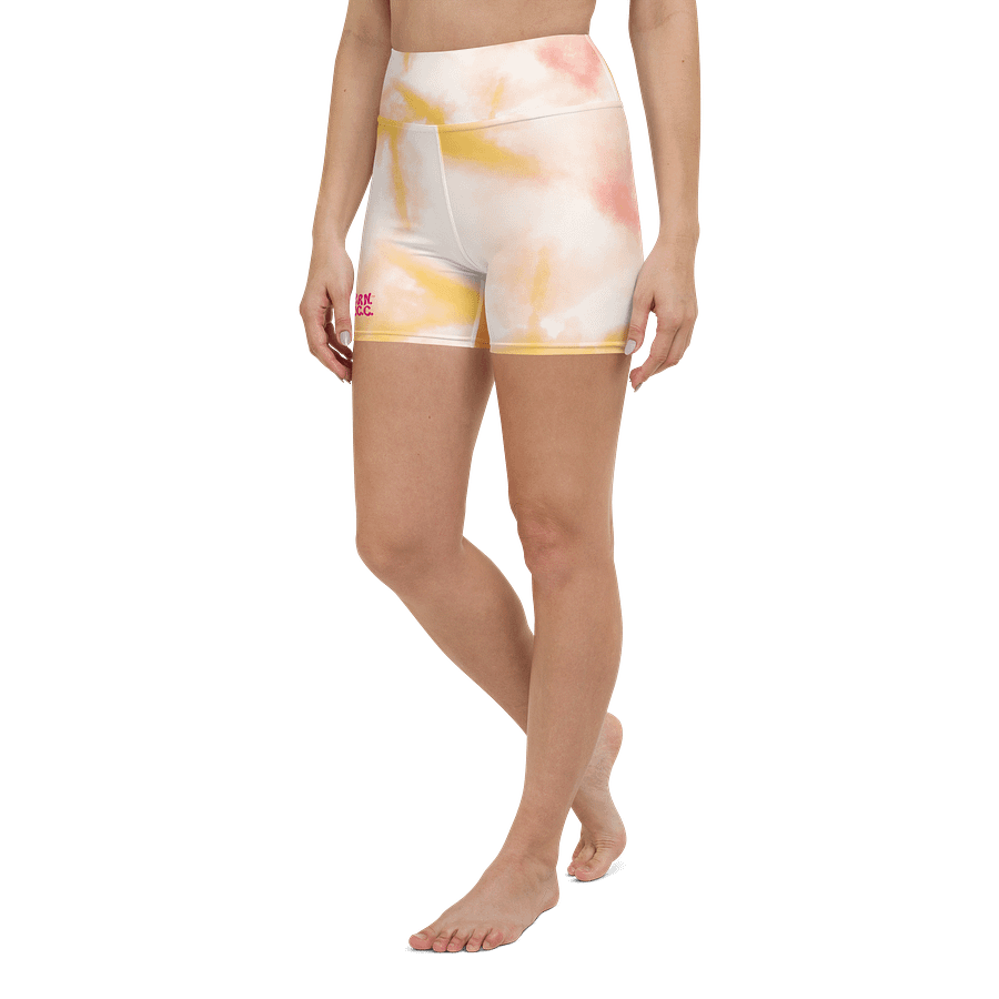 All-Over Print Yoga Shorts | with Inside Pocket | BRN.2C.C.™ | Coastal-Inspired Activewear | Vibrant Pink Logo on Orange Tie-Dye product image (5)