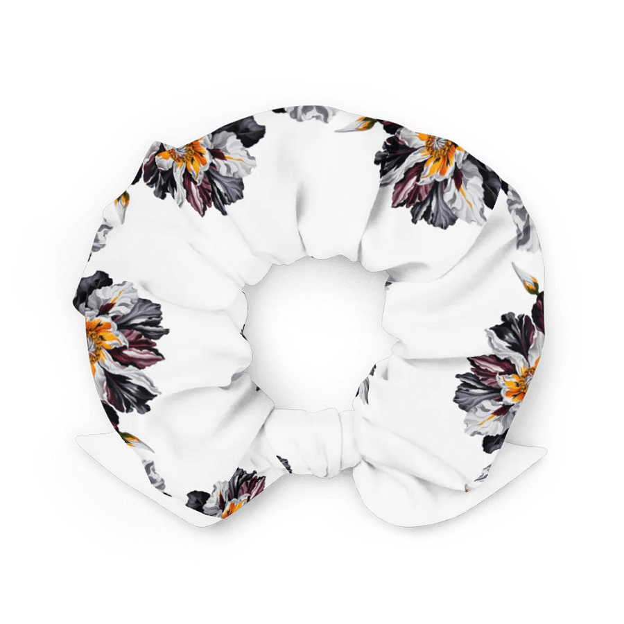 Hair Scrunchie - Painted Crimson, Black, and Yellow Flowers on White product image (3)