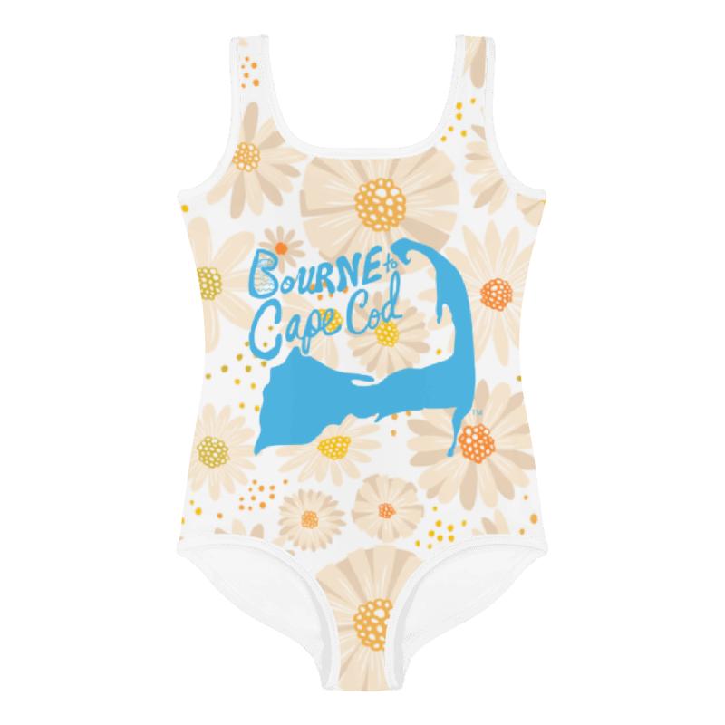 Girls' | One-Piece Swimsuit | BOURNE to Cape Cod™ | Front Logo | Coastal Kids Swimwear | Blue Logo on Daisies product image (1)