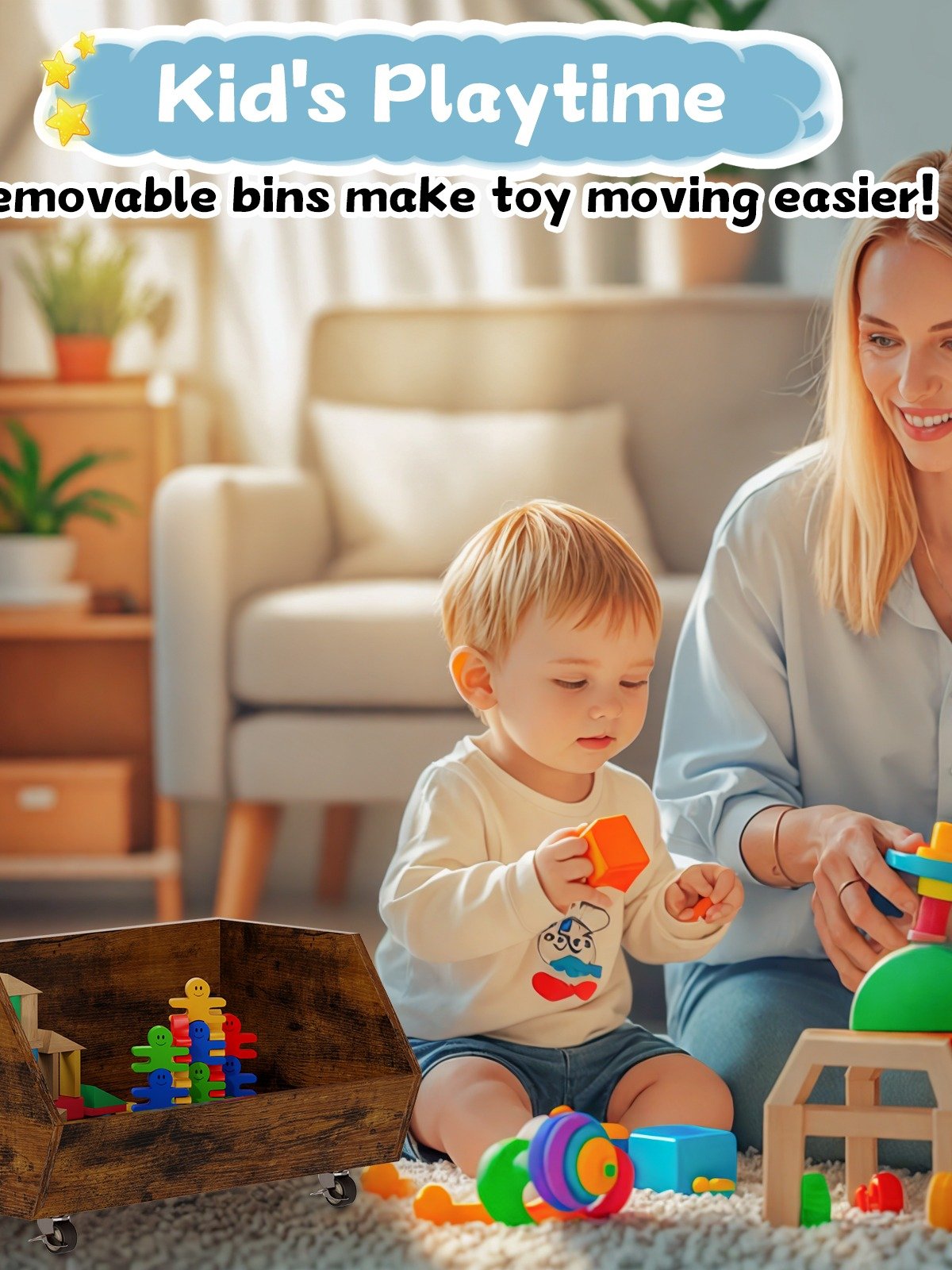 3-Tier Portable Toy Storage, Kids Toy Organizer W/2 Removable Bins with 4 Wheels（Brown) product image (3)