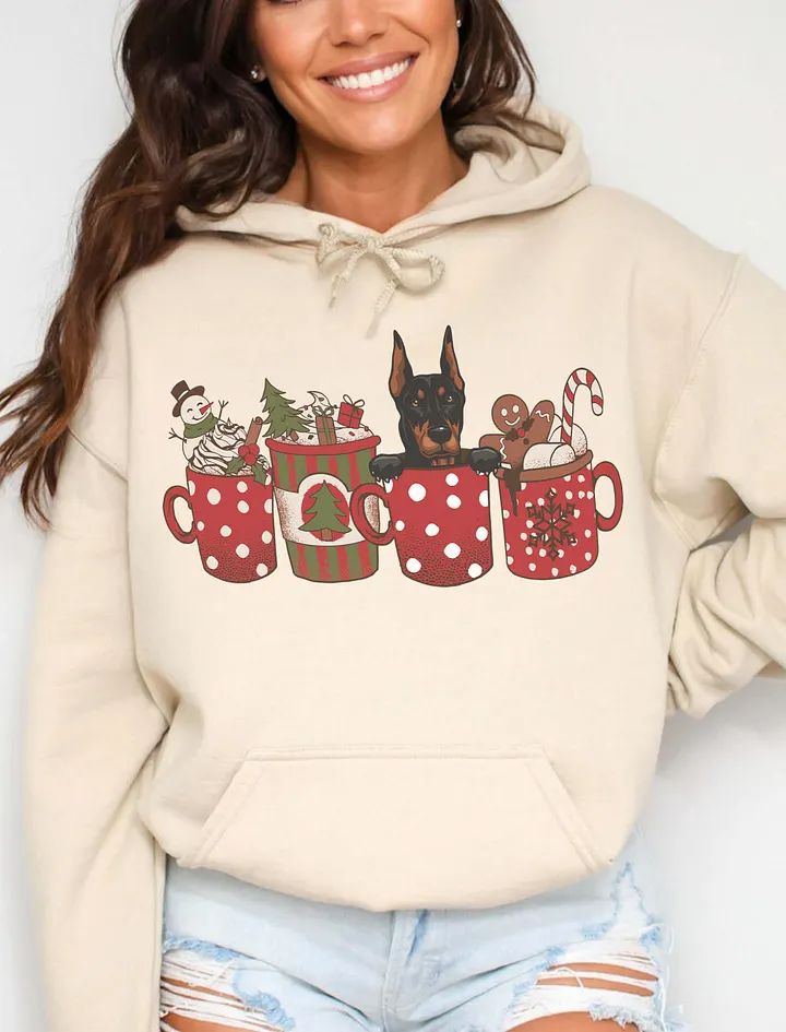 Cute Doberman(Cropped Ears) in a Christmas Cup Hooded Sweatshirt | Funny Christmas Pup in a Cup product image (16)