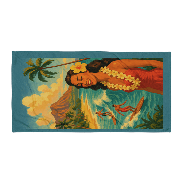 ISLAND ALOHA BEACH TOWEL – 30"x60", COTTON TERRY BACK, VINTAGE HAWAIIAN SURF PRINT product image (1)