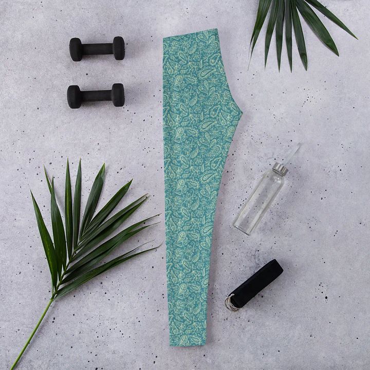 comfortable leggings in soft light teal   with white paisley  design for those that  like paisley pattern elements. product image (2)