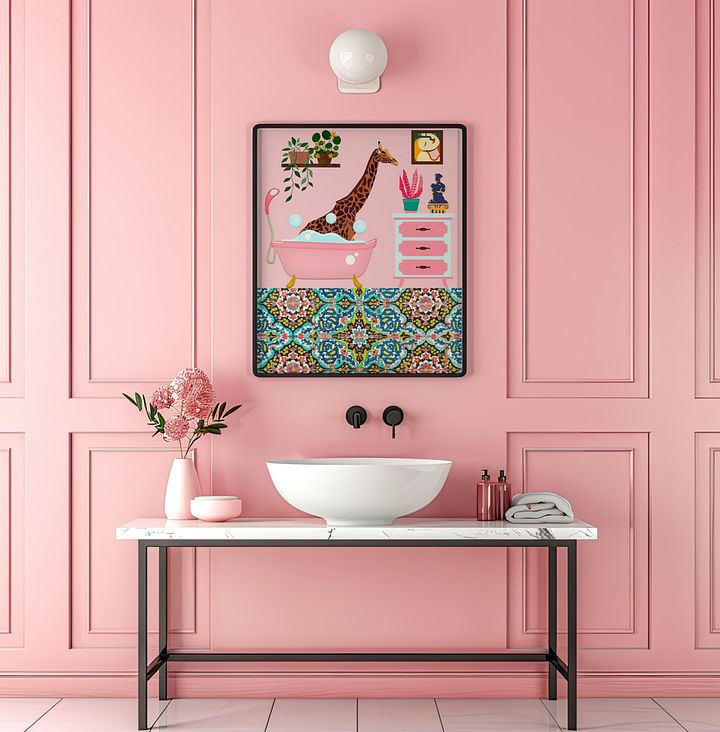 Bathing Giraffe Pink Bathroom Wall Art Print product image (2)