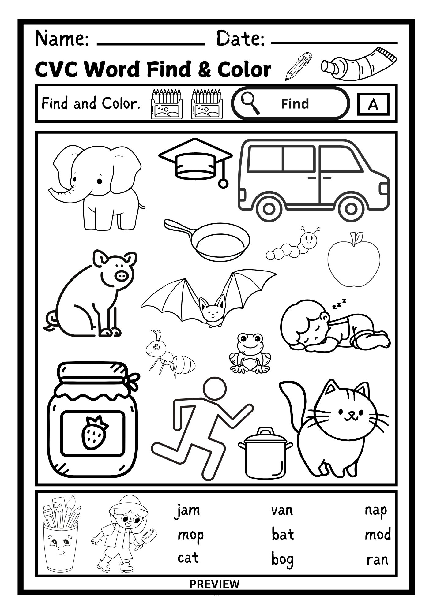 Find and Color - CVC Word Fun Worksheets PDF Printable product image (3)