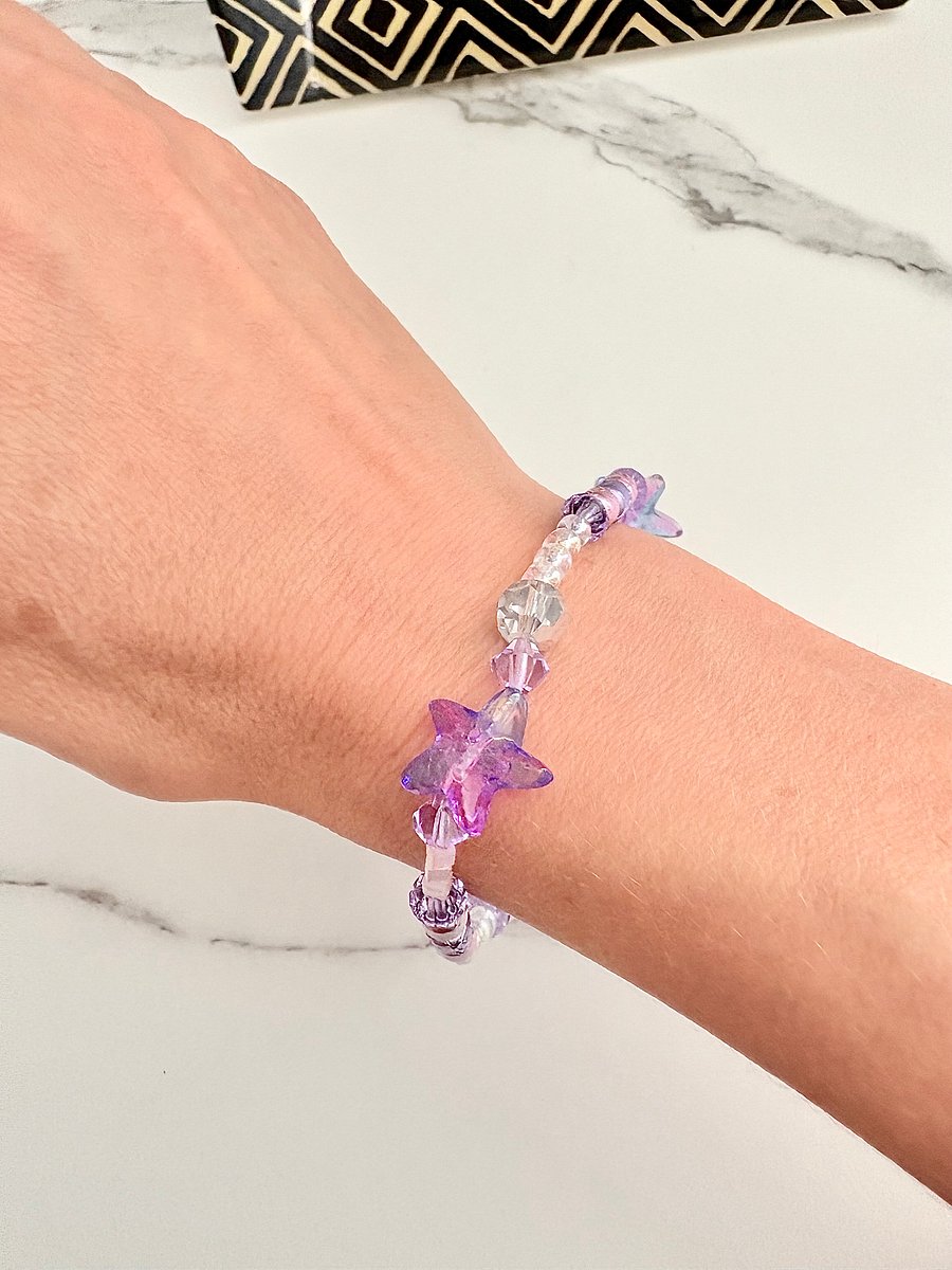Lilac Tide | Lavender & Starfish Beaded Bracelet | Handmade 7.5" Stretch Bracelet | Coastal Charm Jewelry by Monique Faella Designs™ | MFD-00055 product image (1)
