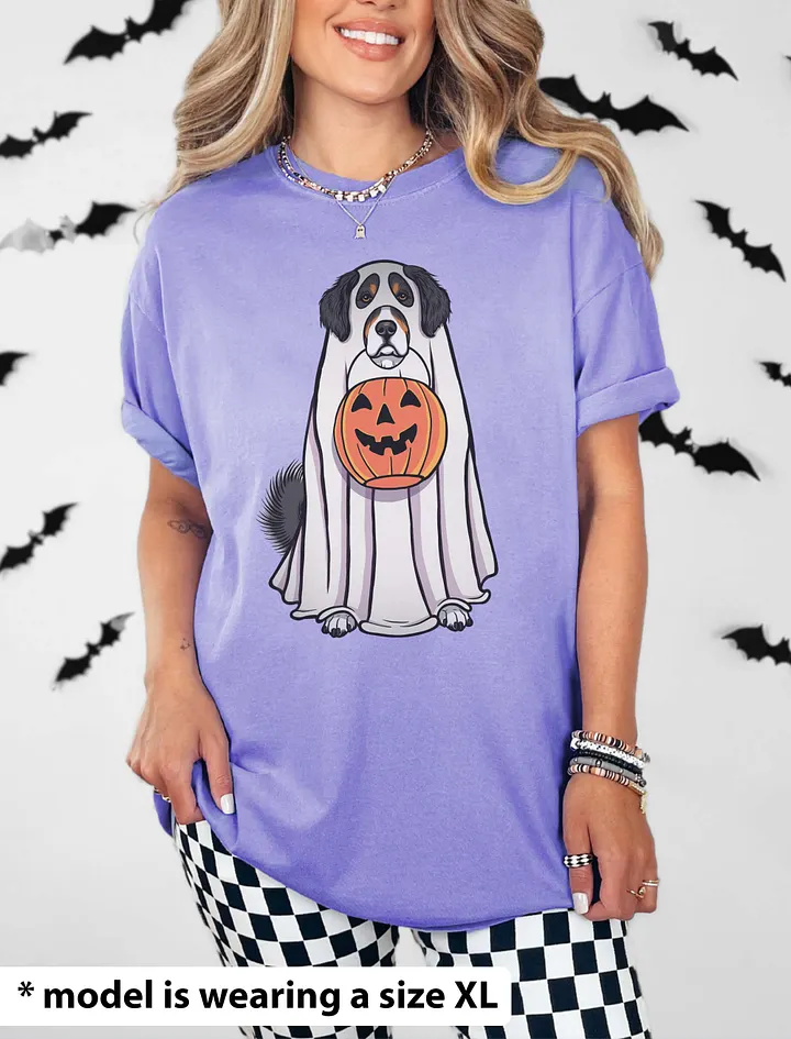 Funny Halloween Bernese Mountain Dog T-Shirt | Funny Berner Wearing a Ghost Costume and Holding a Pumpkin Basket product image (20)