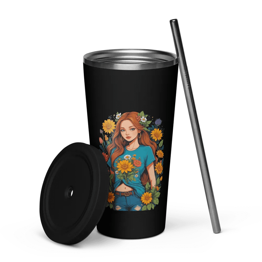 Bloomcore Flower Girl 20 oz Tumbler Cup - Black - Insulated Tumbler with a Straw - v1 product image (7)