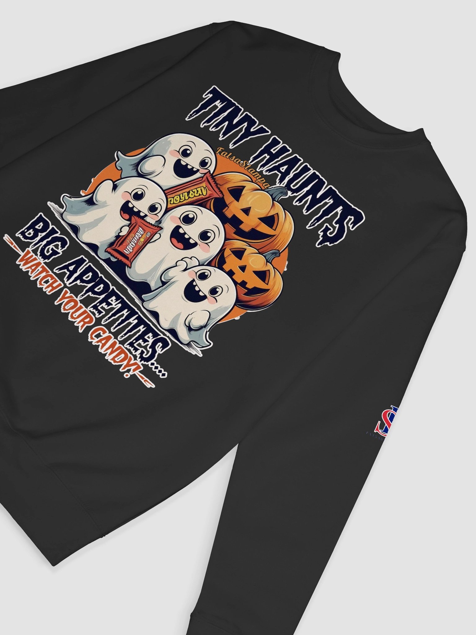 Tiny Haunted Bites: Cute Ghost Squad Guarding Halloween Candy Premium Sweatshirt product image (9)