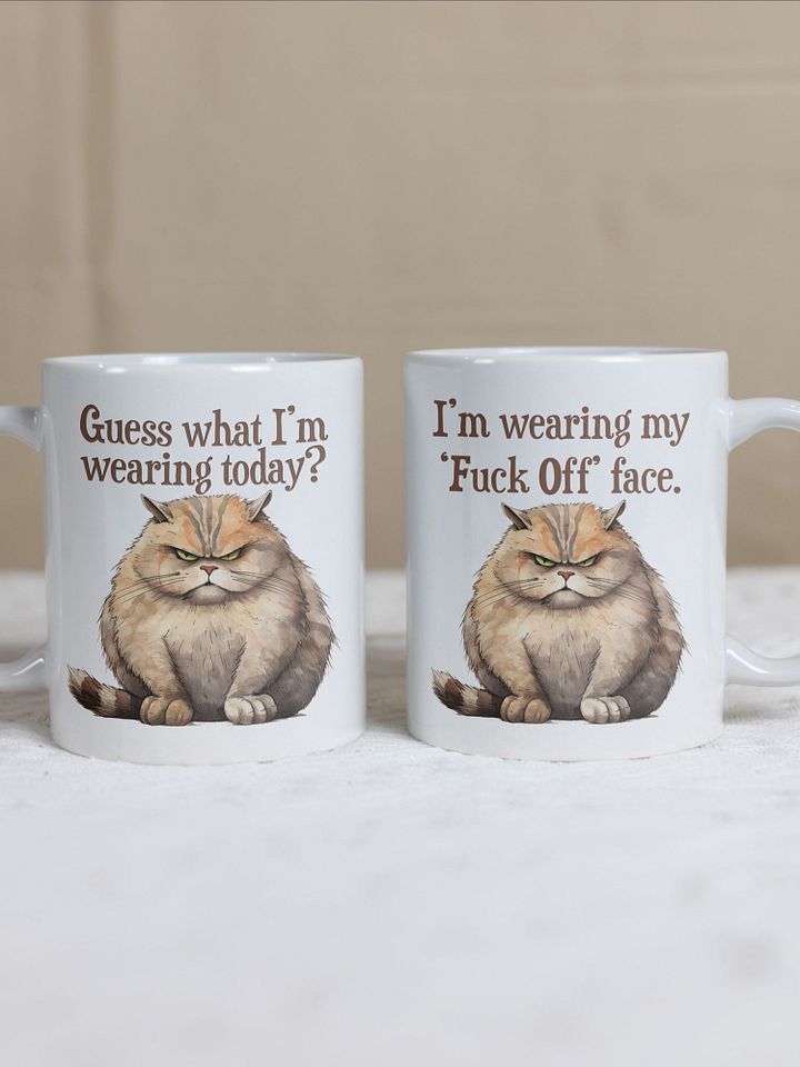 Cat Chat: "Guess what I'm wearing today? ... I'm wearing my Fuck Off face." White glossy mug product image (1)