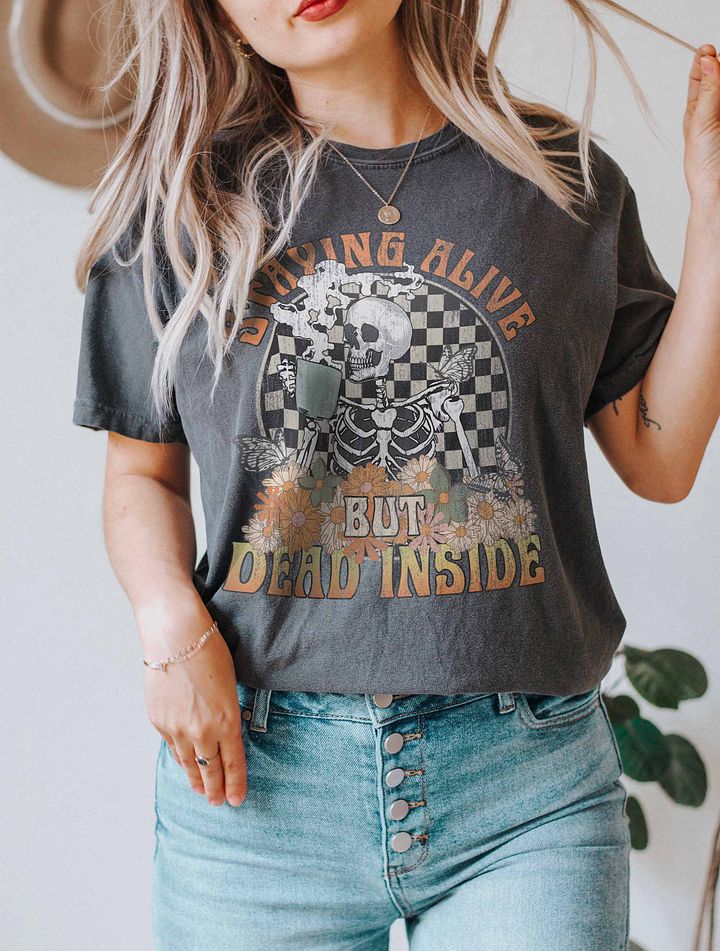 Staying Alive but Dead Inside Skeleton Drinking Coffee T-Shirt | Funny Fall and Halloween Skeleton Design for Coffee Lovers product image (20)