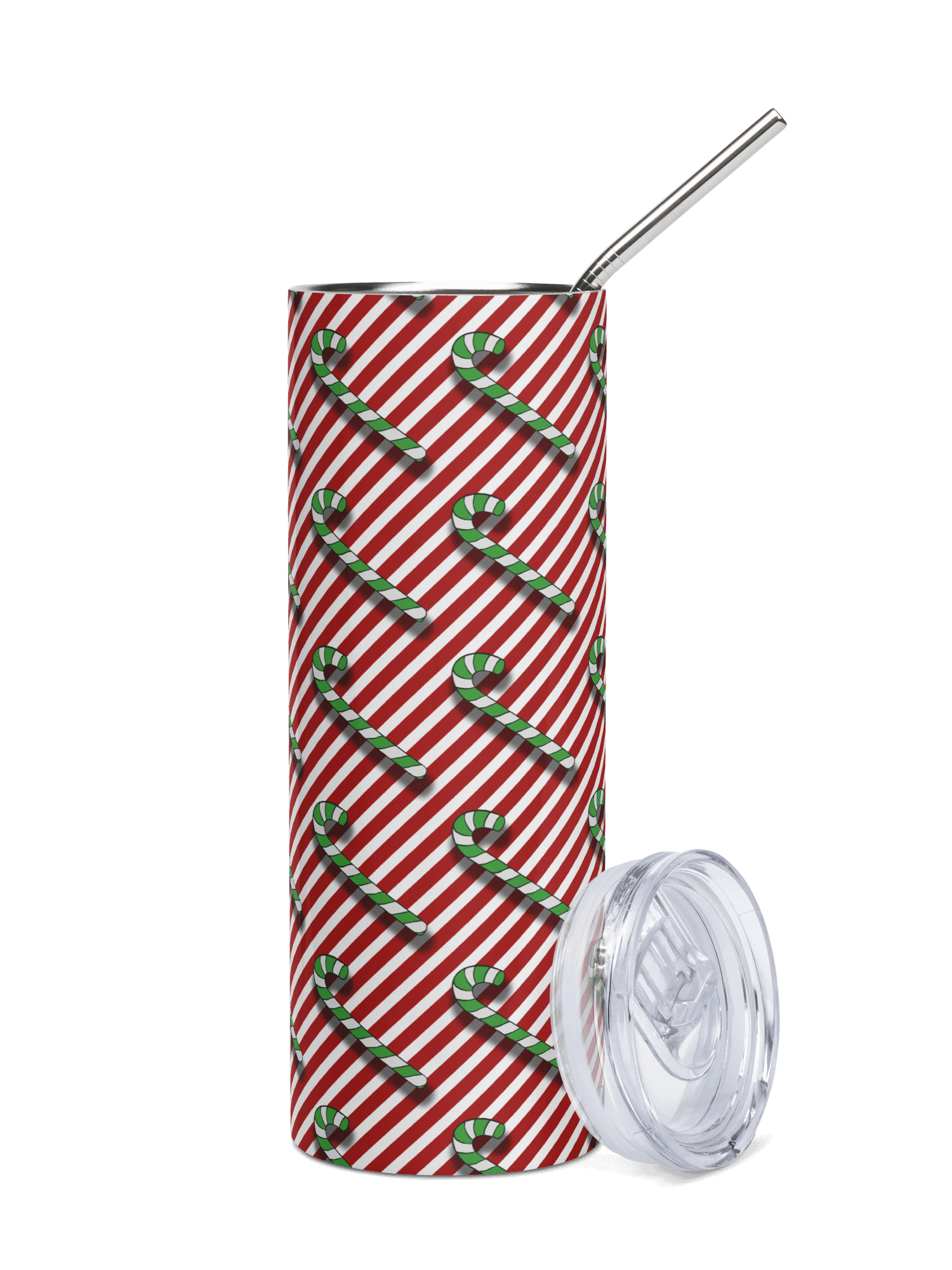 Green Candy Canes on Red Stipe Stainless Steel Tumbler with Straw product image (1)