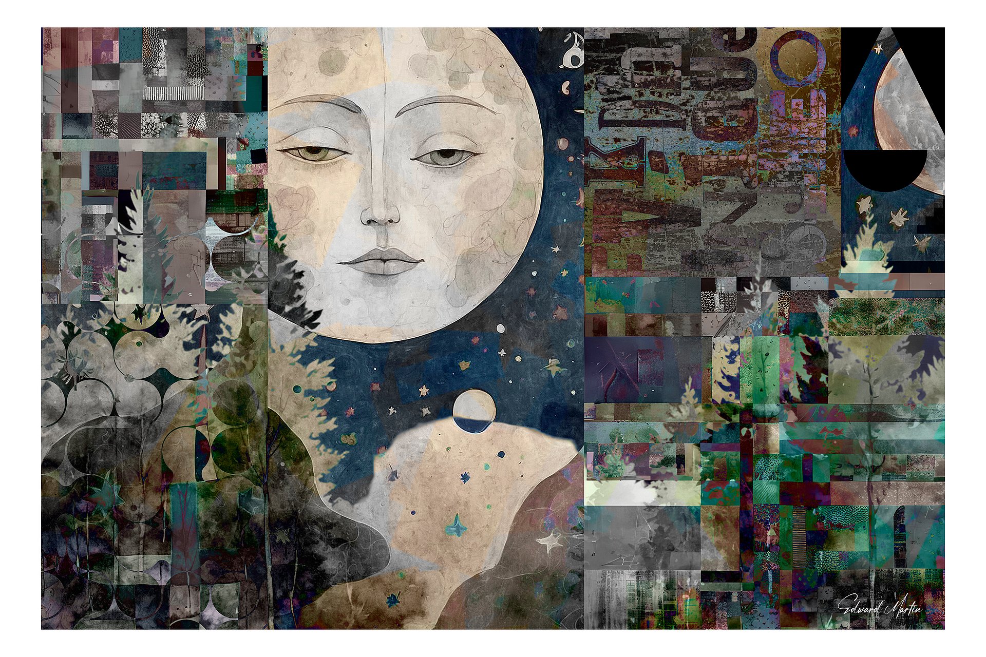 'Lunar Guide' by Edward Martin-Mixed Media Collage: Celestial Face Poster product image (1)